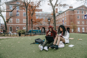 Two students from the United States studying at a college campus abroad 