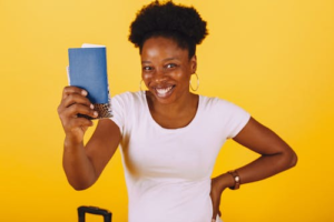 a woman holding a passport