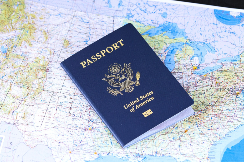 A US passport on a map