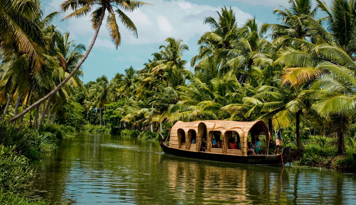 A boat made of cane floating on water.