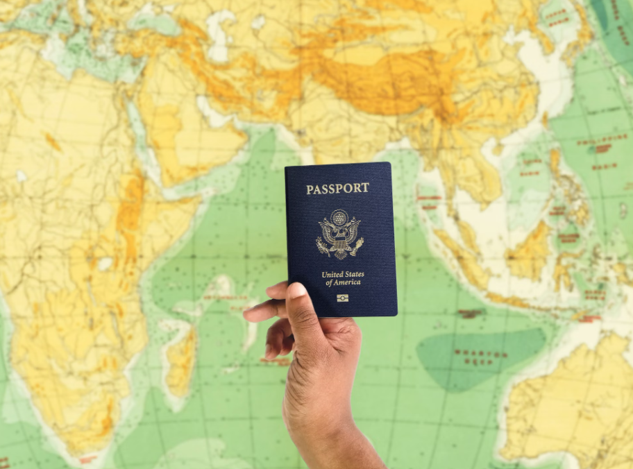 A passport with a map.