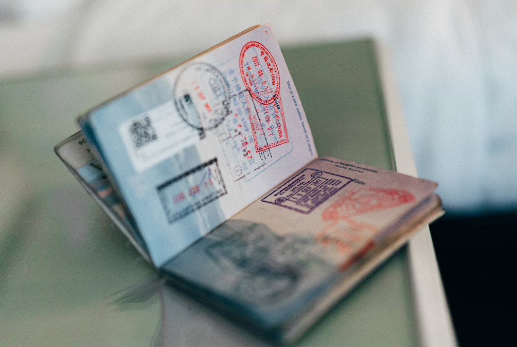 Visa stamps on a passport.