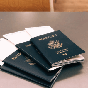 Four passports and plane tickets.